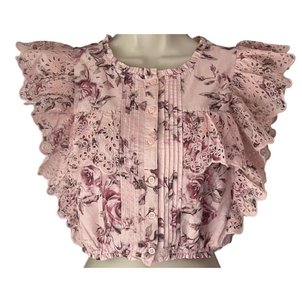 Gap x LoveShackFancy Pink Floral Eyelet Flutter Sleeve Crop Top Girls XL